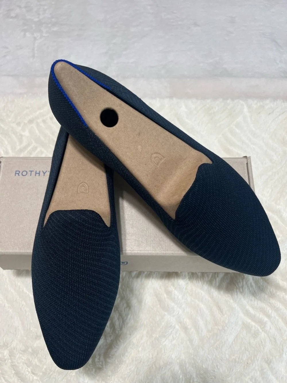 Rothy’s The Loafer Navy Twill Blue Knit Flats Size 12 New In Box Washable
